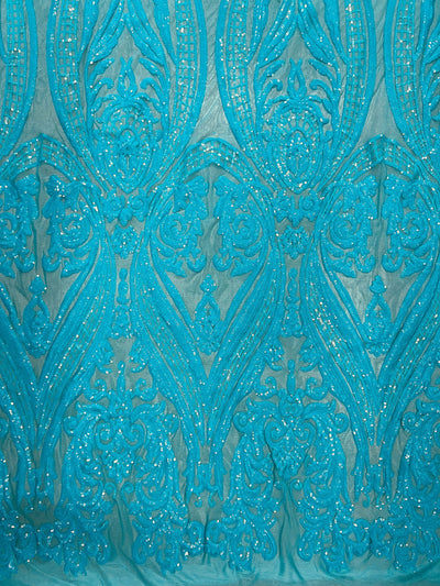 Alaina AQUA Curlicue Sequins on Mesh Lace Fabric by the Yard - 10018