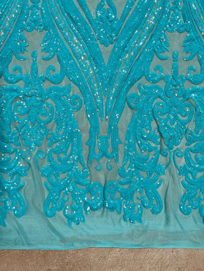 Alaina AQUA Curlicue Sequins on Mesh Lace Fabric by the Yard - 10018