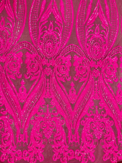 Alaina HOT PINK Curlicue Sequins on Mesh Lace Fabric by the Yard - 10018