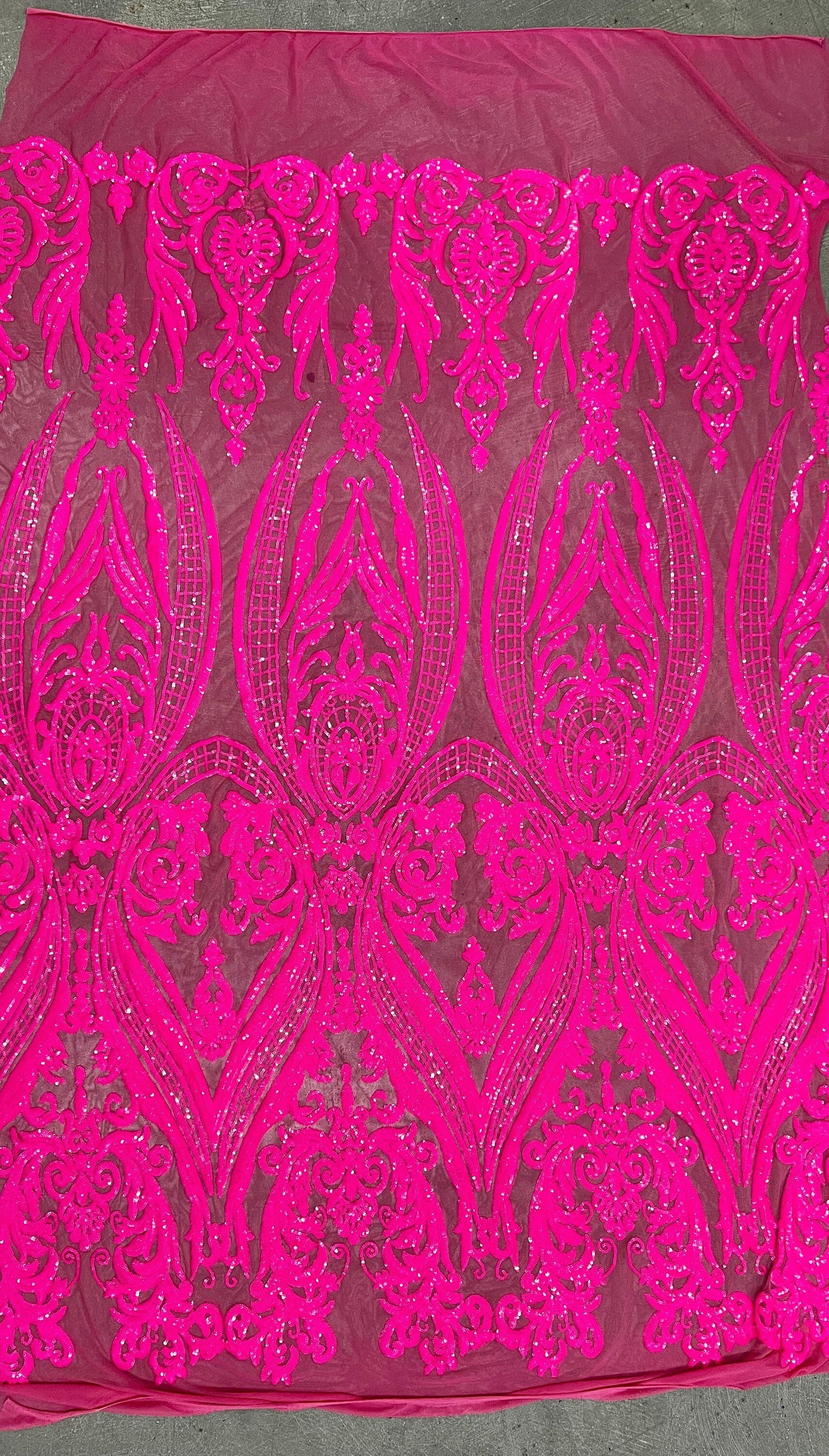 Alaina HOT PINK Curlicue Sequins on Mesh Lace Fabric by the Yard - 10018