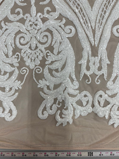 Alaina WHITE Curlicue Sequins on NUDE Mesh Lace Fabric by the Yard - 10018