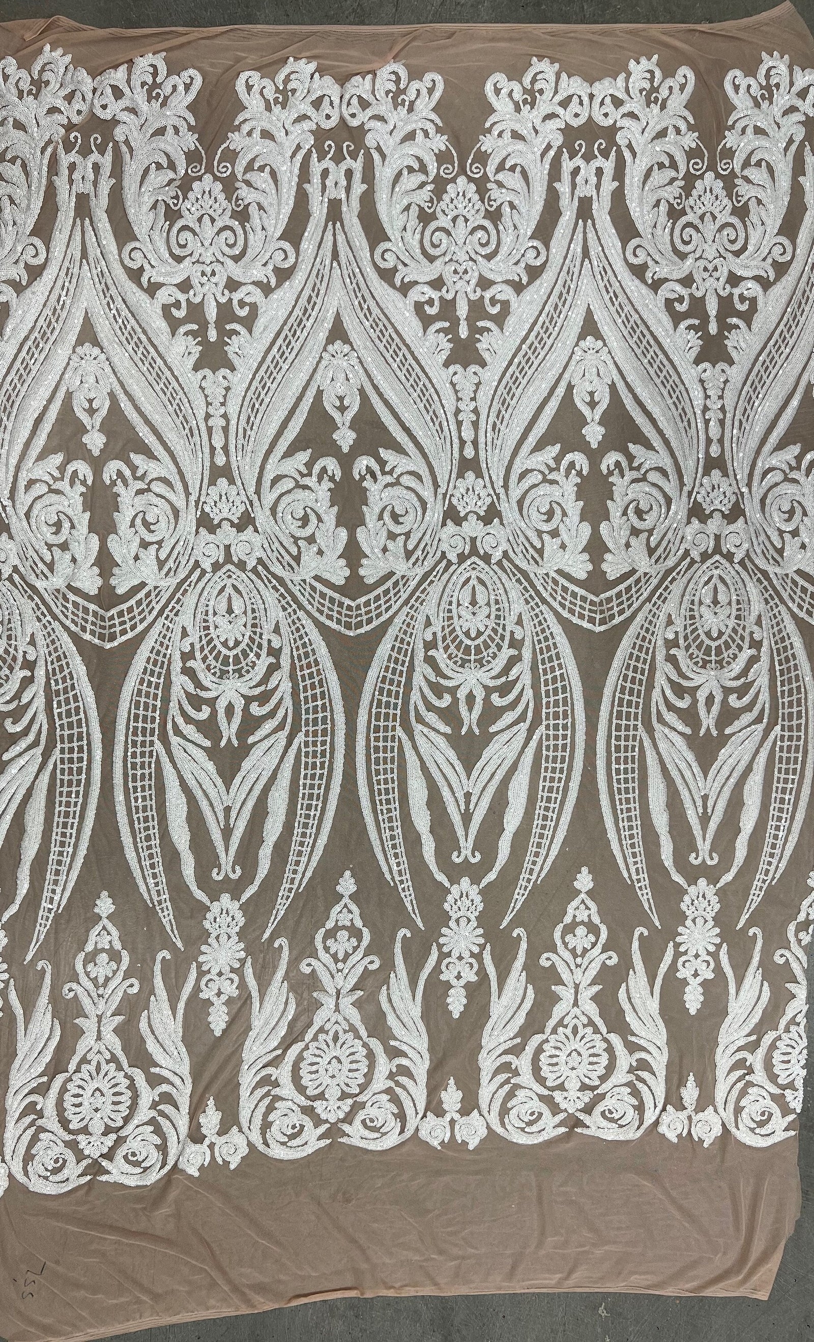 Alaina WHITE Curlicue Sequins on NUDE Mesh Lace Fabric by the Yard - 10018