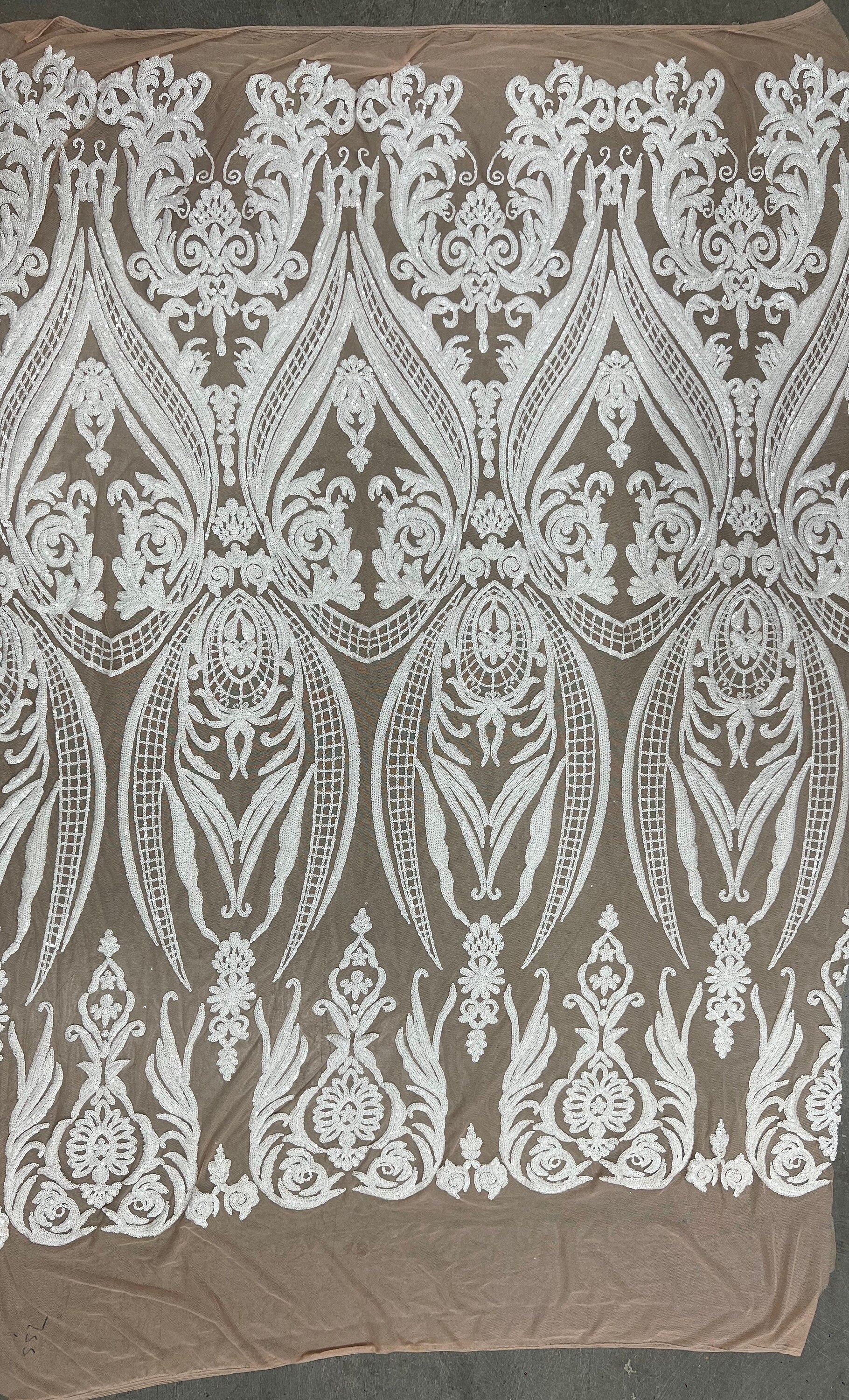 Alaina WHITE Curlicue Sequins on NUDE Mesh Lace Fabric by the Yard - 10018