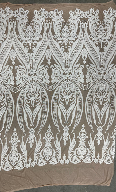 Alaina WHITE Curlicue Sequins on NUDE Mesh Lace Fabric by the Yard - 10018