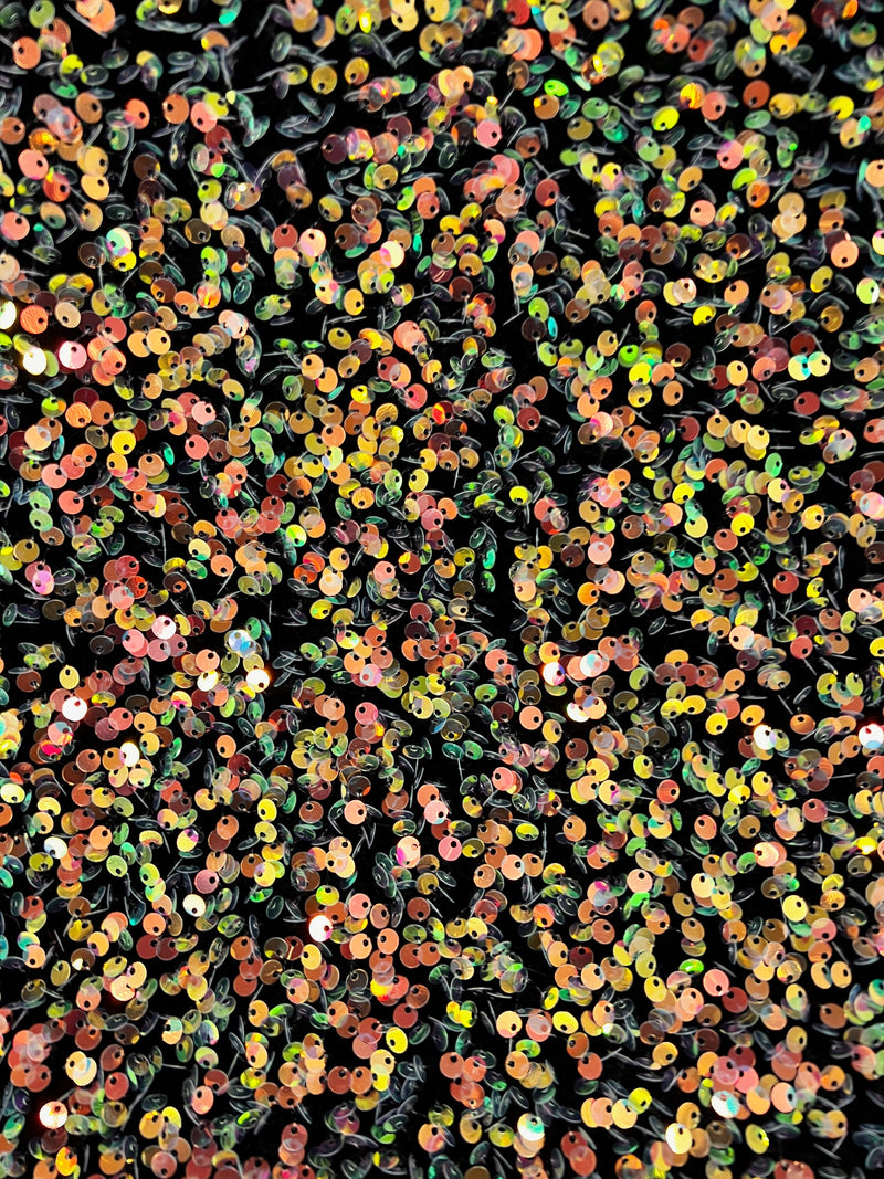 Stephanie MULTI COLORED Overlap Sequins on BLACK Stretch Velvet Fabric by the Yard for Gowns, Apparel, Costumes, Crafts - 10185