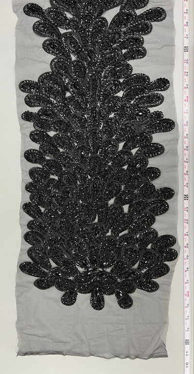 Angela BLACK Vegas Peacock Beaded Sequins Embroidered on Mesh Lace Fabric by Panel - 10227