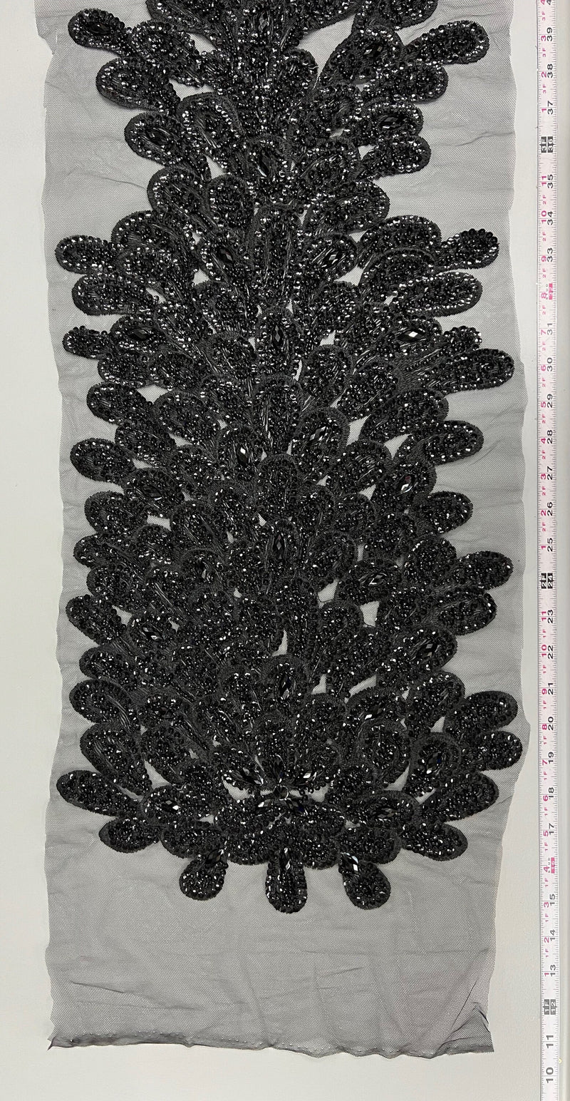 Angela BLACK Vegas Peacock Beaded Sequins Embroidered on Mesh Lace Fabric by Panel - 10227