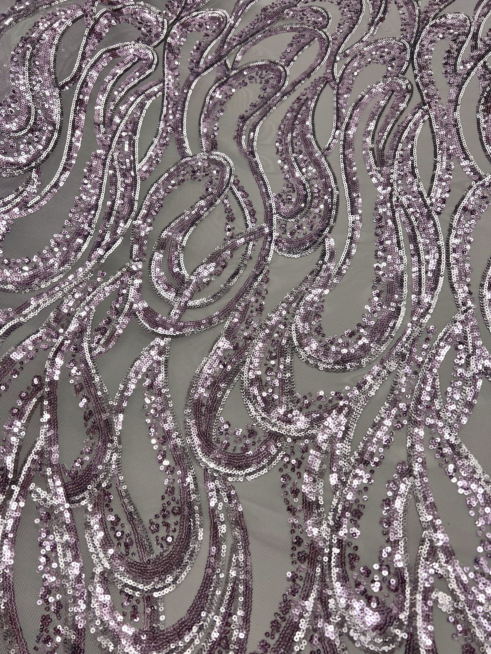 Lorelei SILVER MAUVE Swirls Sequins on Mesh Lace Fabric by the Yard - 10133