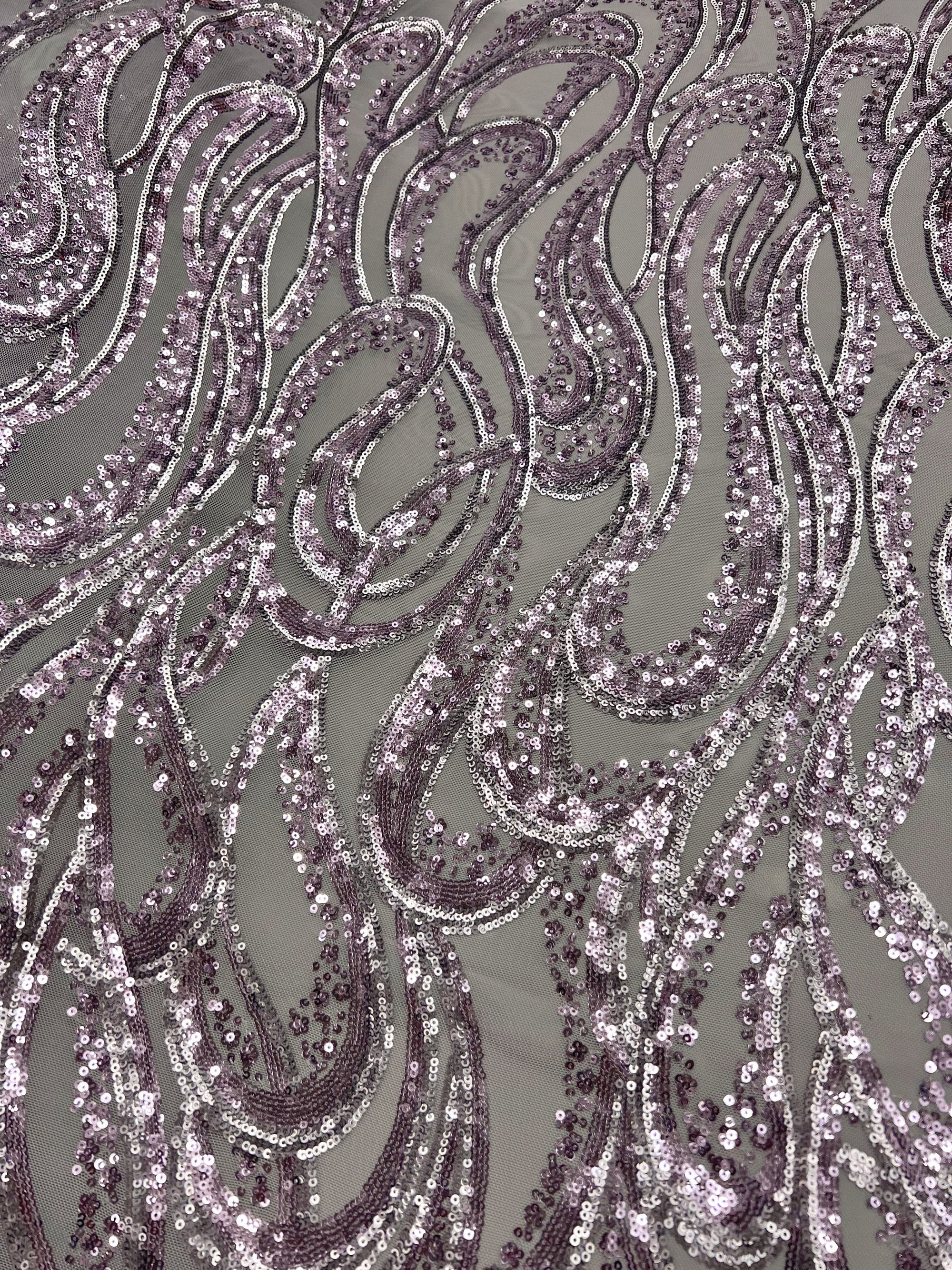Lorelei SILVER MAUVE Swirls Sequins on Mesh Lace Fabric by the Yard - 10133