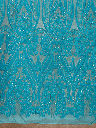 Alaina AQUA Curlicue Sequins on Mesh Lace Fabric by the Yard - 10018