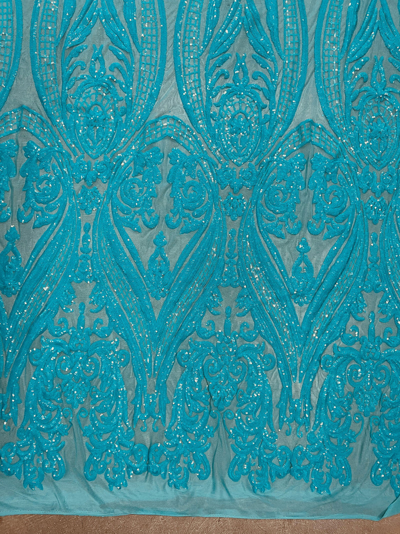 Alaina AQUA Curlicue Sequins on Mesh Lace Fabric by the Yard - 10018