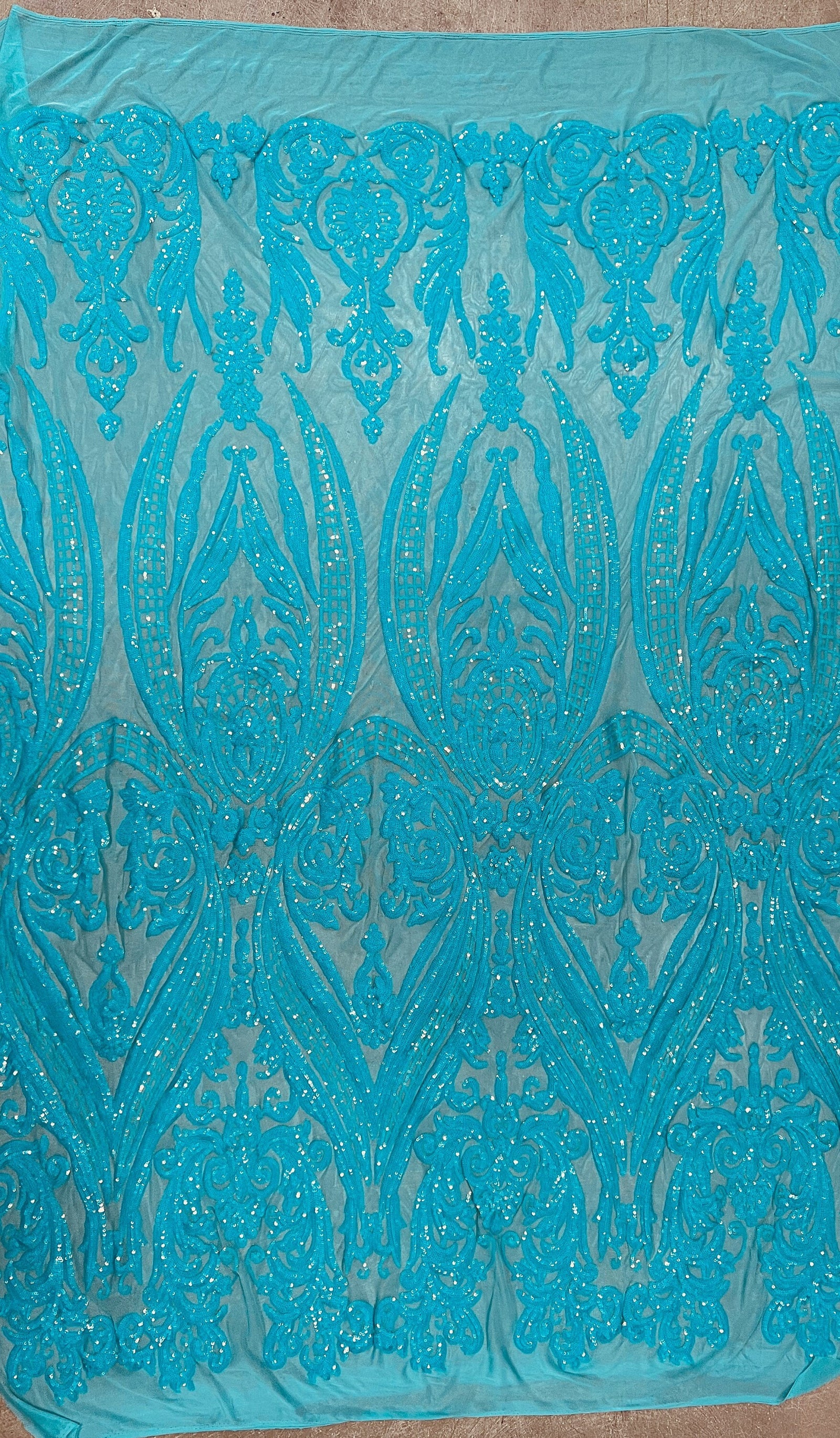 Alaina AQUA Curlicue Sequins on Mesh Lace Fabric by the Yard - 10018
