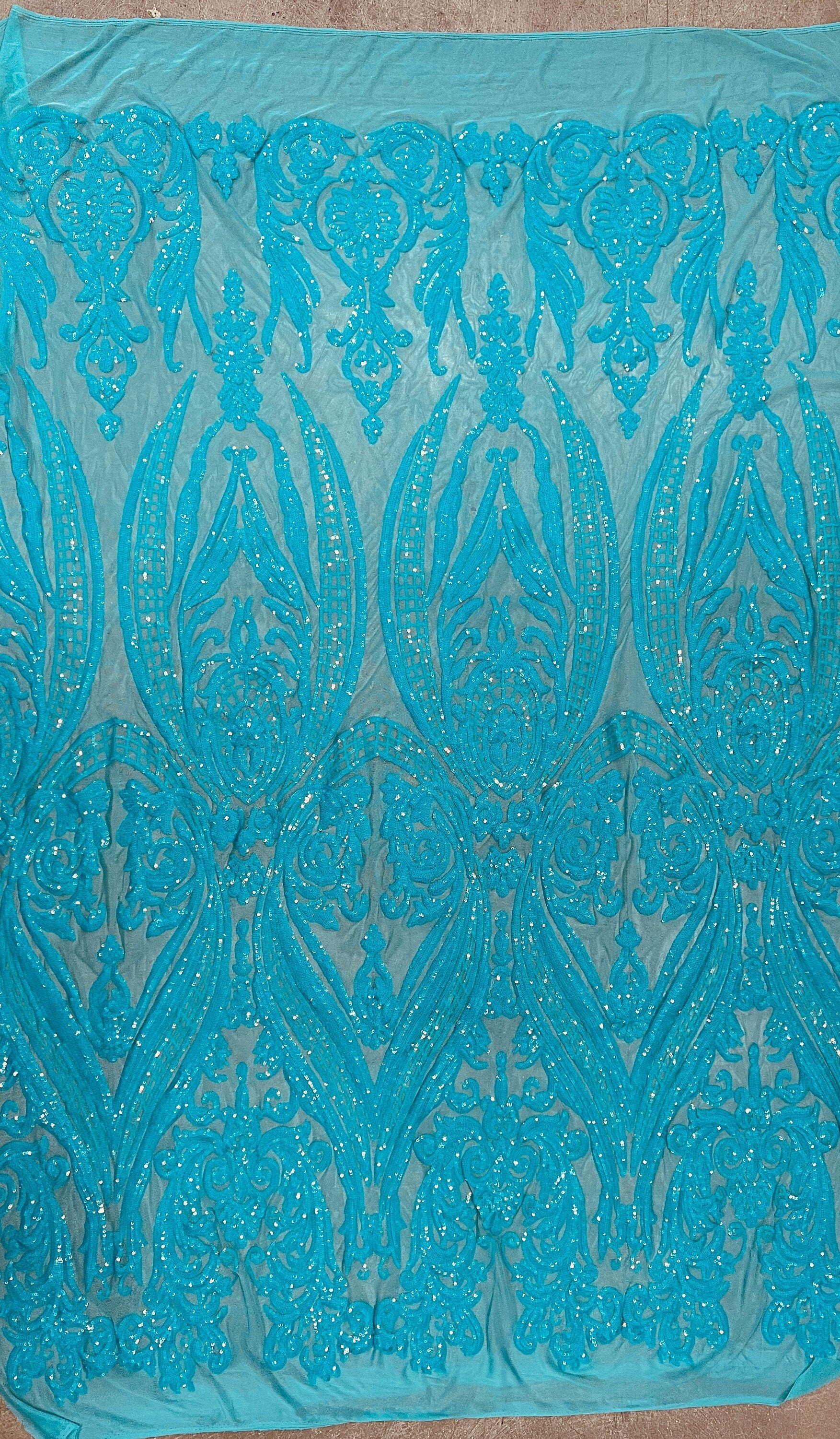 Alaina AQUA Curlicue Sequins on Mesh Lace Fabric by the Yard - 10018