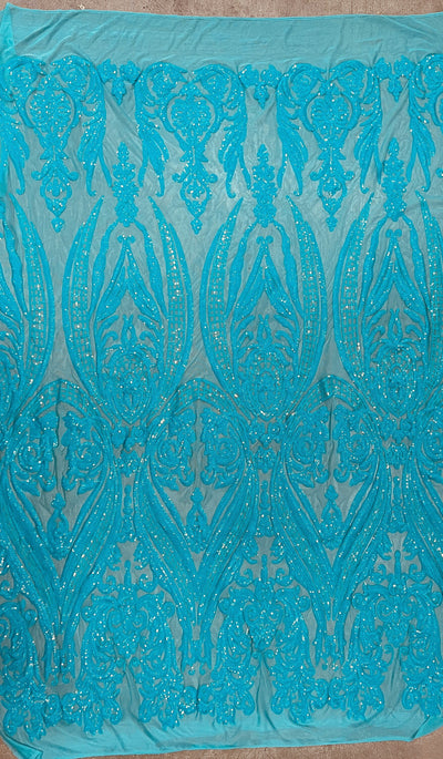 Alaina AQUA Curlicue Sequins on Mesh Lace Fabric by the Yard - 10018