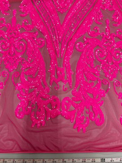 Alaina HOT PINK Curlicue Sequins on Mesh Lace Fabric by the Yard - 10018