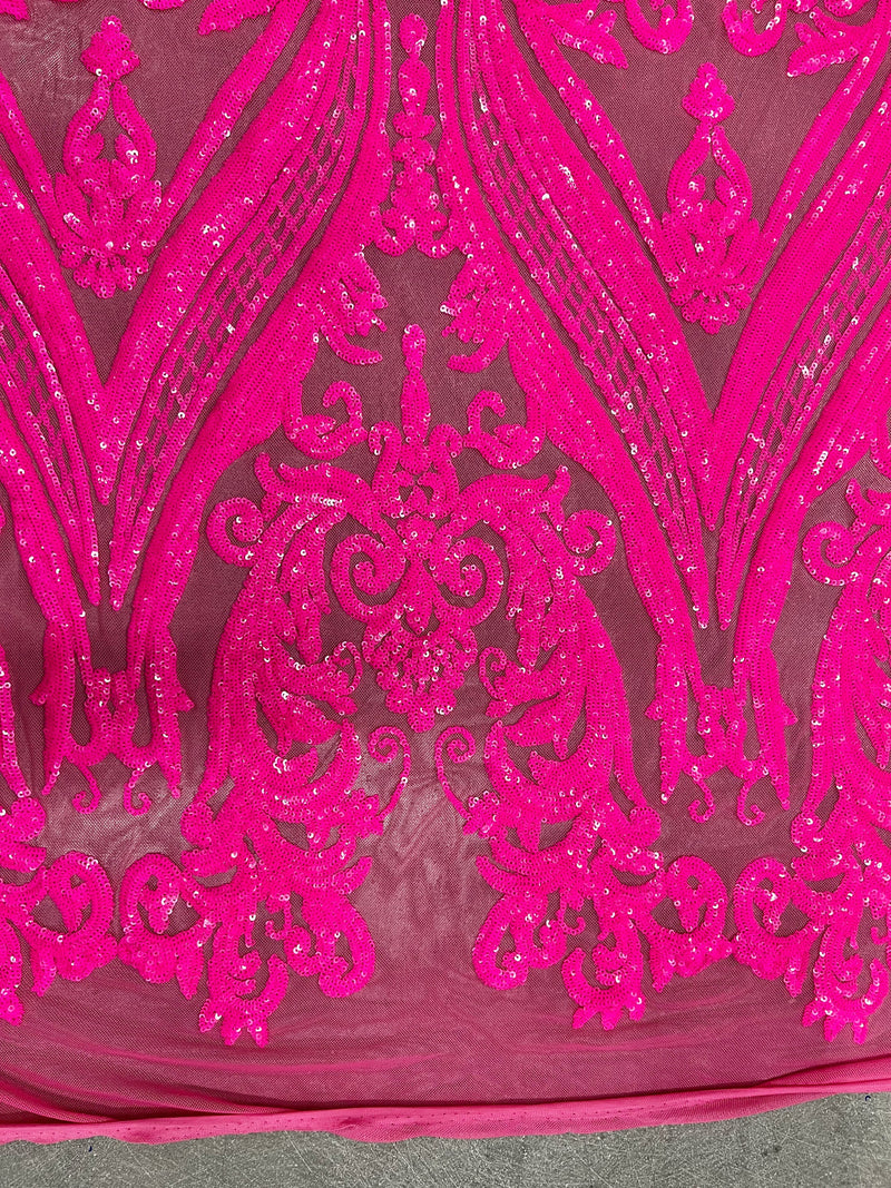 Alaina HOT PINK Curlicue Sequins on Mesh Lace Fabric by the Yard - 10018