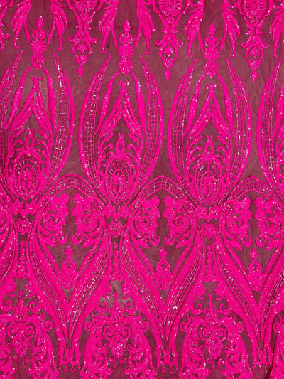 Alaina HOT PINK Curlicue Sequins on Mesh Lace Fabric by the Yard - 10018