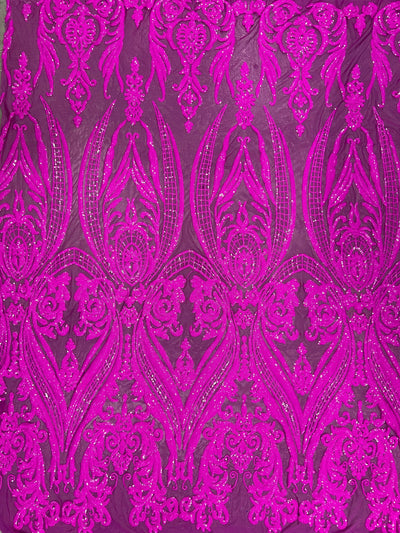 Alaina FUCHSIA Curlicue Sequins on Mesh Lace Fabric by the Yard - 10018