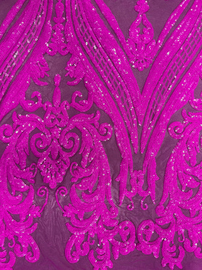 Alaina FUCHSIA Curlicue Sequins on Mesh Lace Fabric by the Yard - 10018