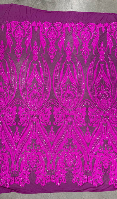 Alaina FUCHSIA Curlicue Sequins on Mesh Lace Fabric by the Yard - 10018