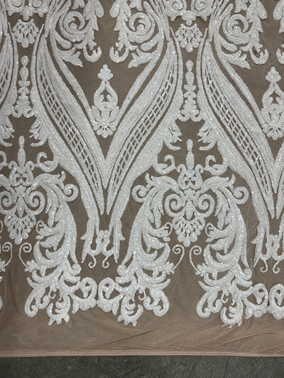 Alaina WHITE Curlicue Sequins on NUDE Mesh Lace Fabric by the Yard - 10018
