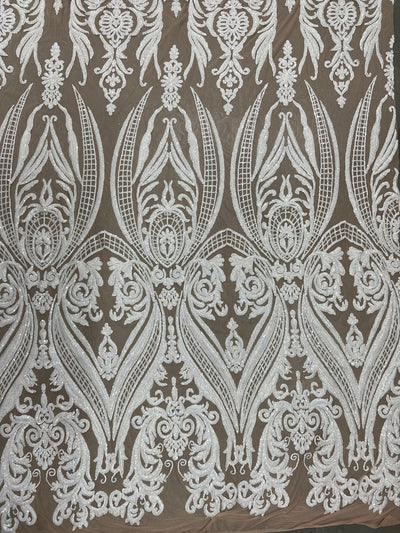 Alaina WHITE Curlicue Sequins on NUDE Mesh Lace Fabric by the Yard - 10018