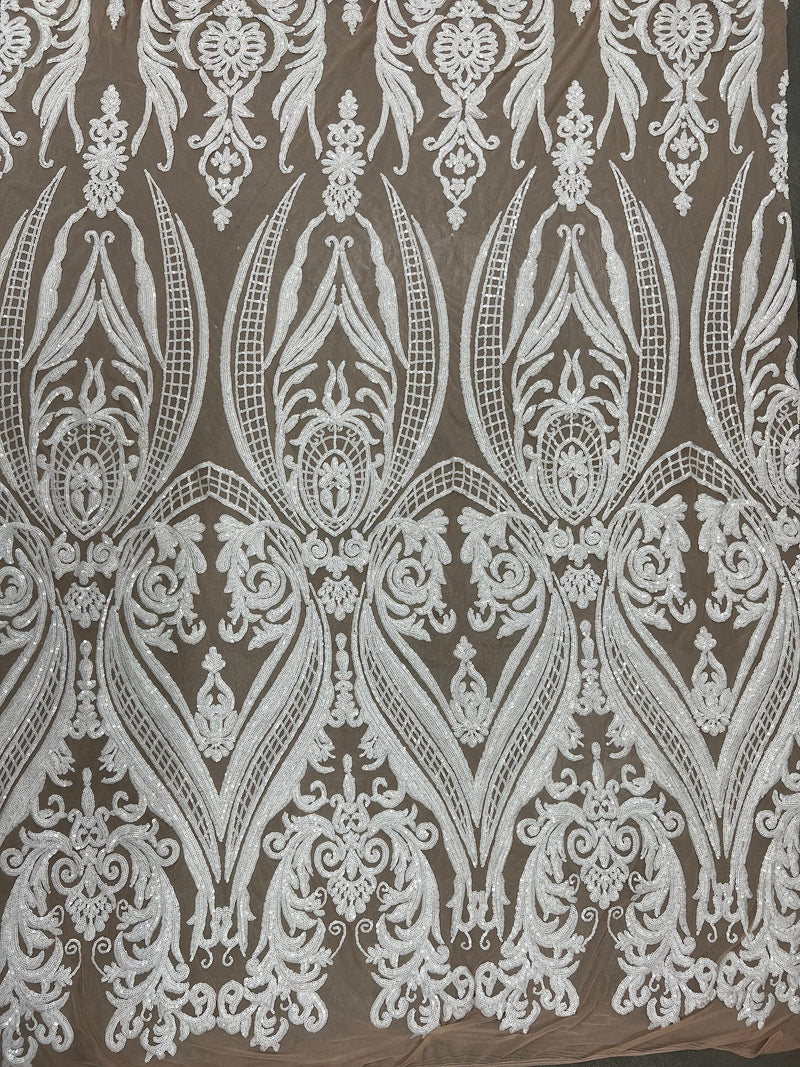Alaina WHITE Curlicue Sequins on NUDE Mesh Lace Fabric by the Yard - 10018