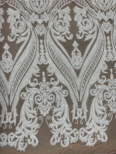 Alaina WHITE Curlicue Sequins on NUDE Mesh Lace Fabric by the Yard - 10018