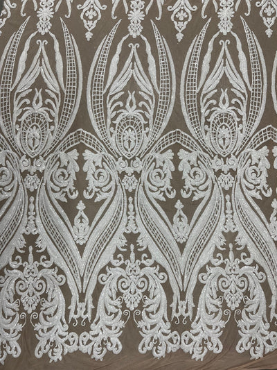 Alaina WHITE Curlicue Sequins on NUDE Mesh Lace Fabric by the Yard - 10018