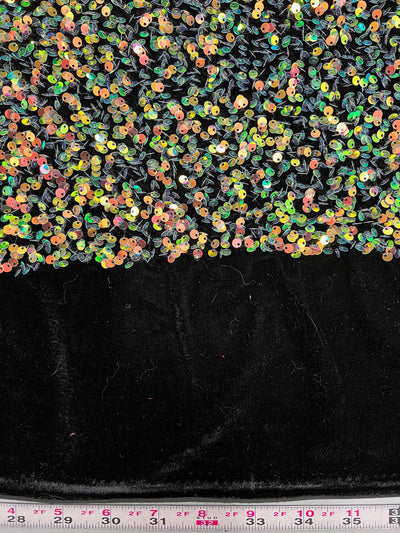 Stephanie MULTI COLORED Overlap Sequins on BLACK Stretch Velvet Fabric by the Yard for Gowns, Apparel, Costumes, Crafts - 10185