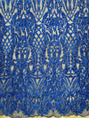 Sabrina ROYAL BLUE Faux Pearls Beaded Lace Embroidery on Mesh Fabric by the Yard - 10098