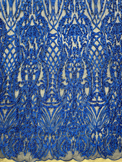 Sabrina ROYAL BLUE Faux Pearls Beaded Lace Embroidery on Mesh Fabric by the Yard - 10098