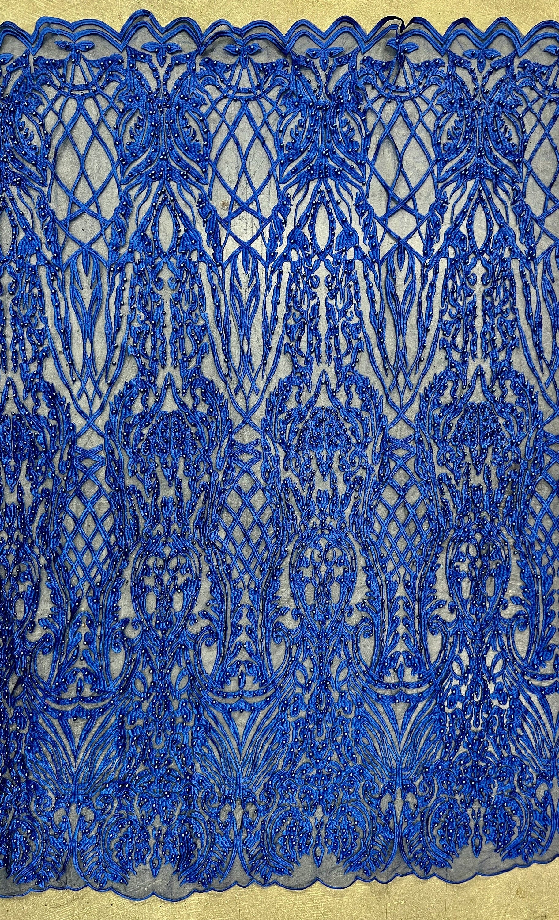 Sabrina ROYAL BLUE Faux Pearls Beaded Lace Embroidery on Mesh Fabric by the Yard - 10098