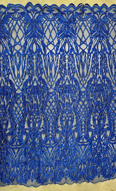 Sabrina ROYAL BLUE Faux Pearls Beaded Lace Embroidery on Mesh Fabric by the Yard - 10098