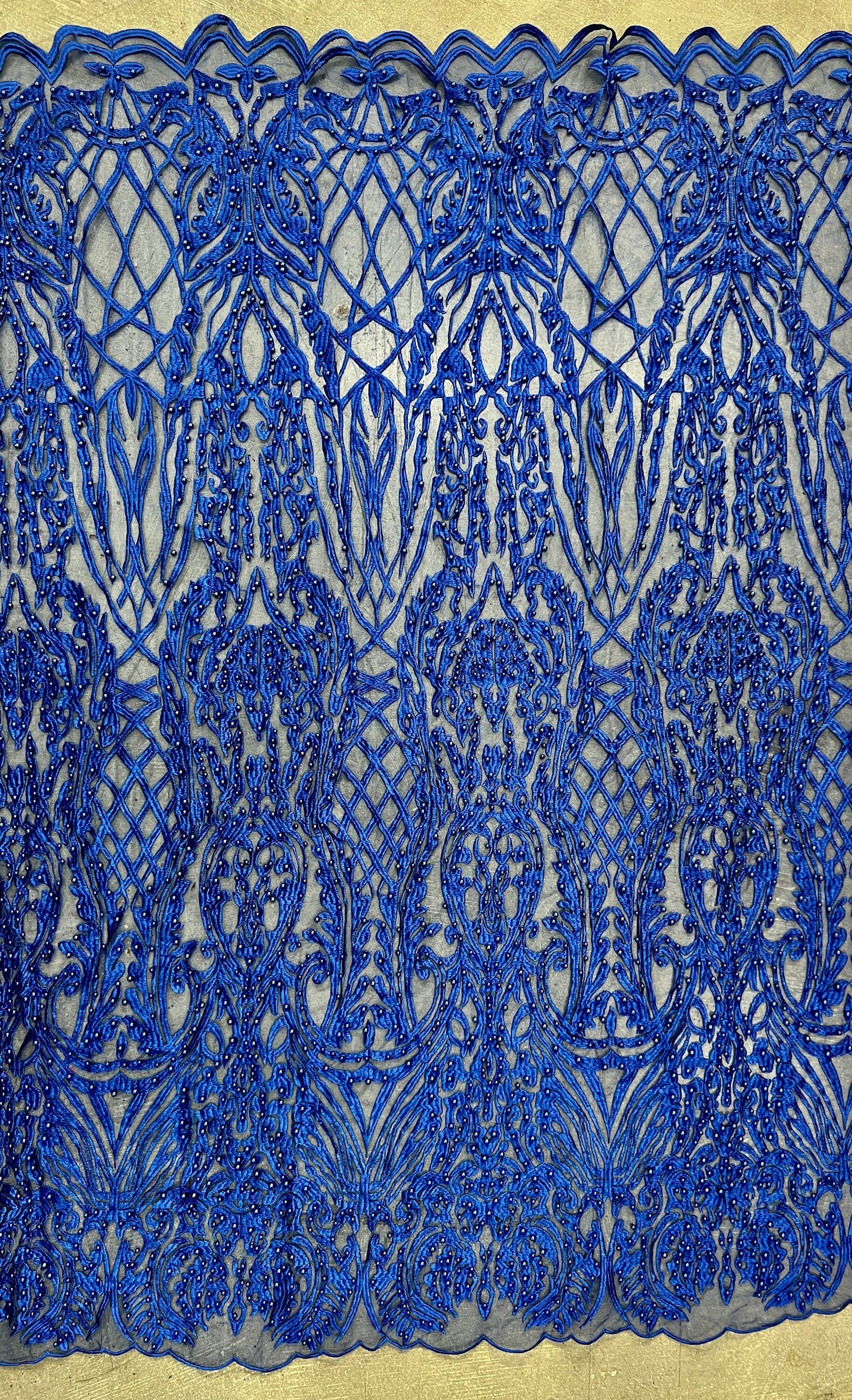 Sabrina ROYAL BLUE Faux Pearls Beaded Lace Embroidery on Mesh Fabric by the Yard - 10098