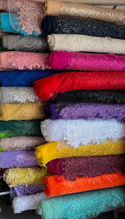 Angela BRIGHT YELLOW Vegas Peacock Beaded Sequins Embroidered on Mesh Lace Fabric by Panel - 10227