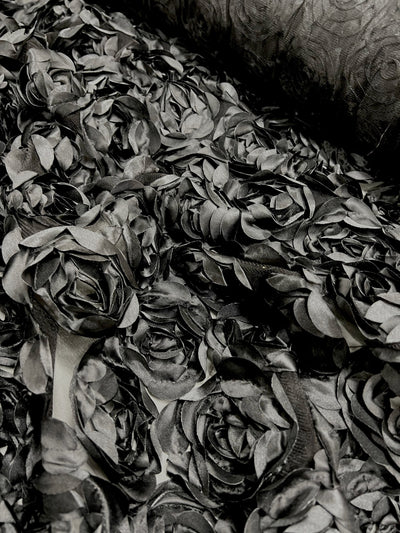 Maci BLACK 3D Floral Polyester Satin Rosette on Mesh Fabric by the Yard - 10057