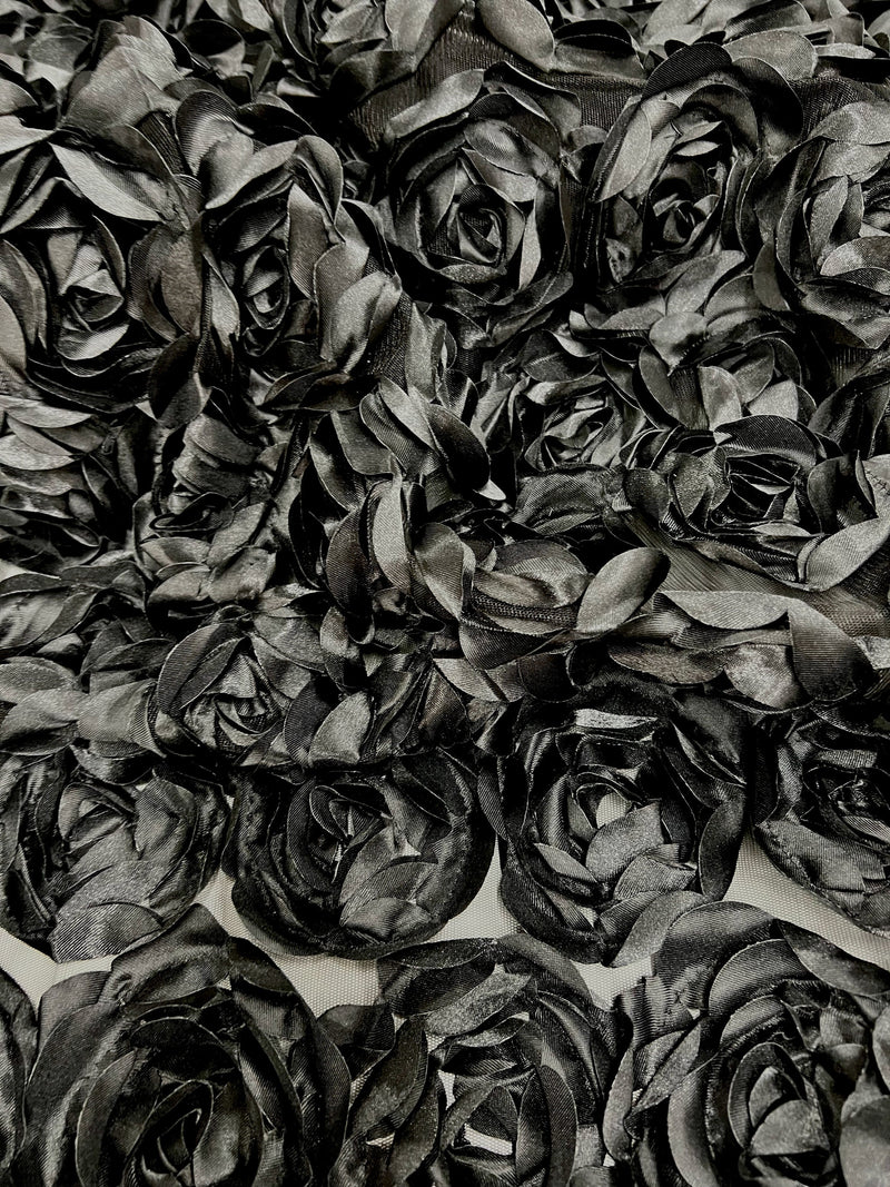 Maci BLACK 3D Floral Polyester Satin Rosette on Mesh Fabric by the Yard - 10057