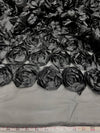 Maci BLACK 3D Floral Polyester Satin Rosette on Mesh Fabric by the Yard - 10057