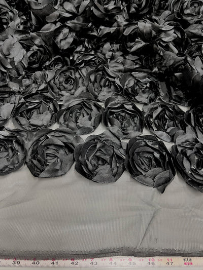 Maci BLACK 3D Floral Polyester Satin Rosette on Mesh Fabric by the Yard - 10057