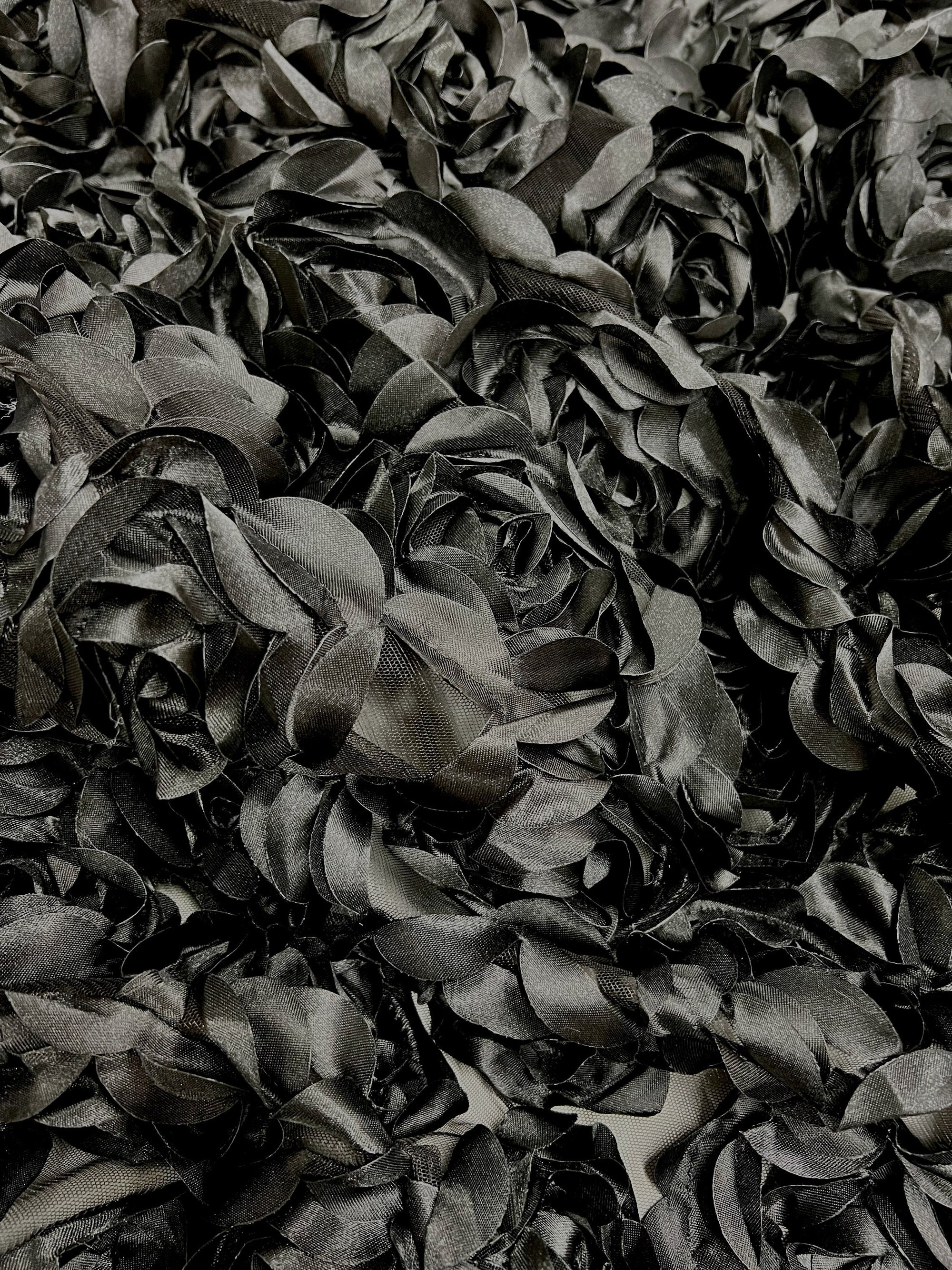 Maci BLACK 3D Floral Polyester Satin Rosette on Mesh Fabric by the Yard - 10057