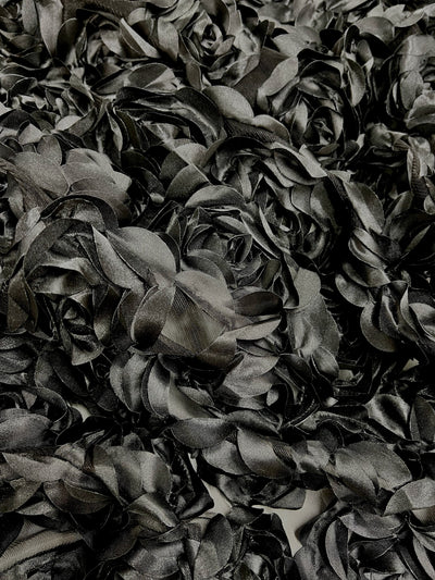 Maci BLACK 3D Floral Polyester Satin Rosette on Mesh Fabric by the Yard - 10057