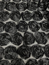 Maci BLACK 3D Floral Polyester Satin Rosette on Mesh Fabric by the Yard - 10057