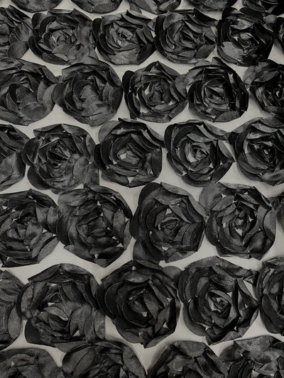 Maci BLACK 3D Floral Polyester Satin Rosette on Mesh Fabric by the Yard - 10057