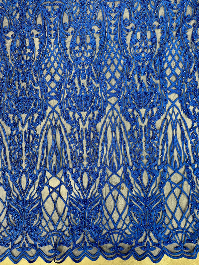 Sabrina ROYAL BLUE Faux Pearls Beaded Lace Embroidery on Mesh Fabric by the Yard - 10098