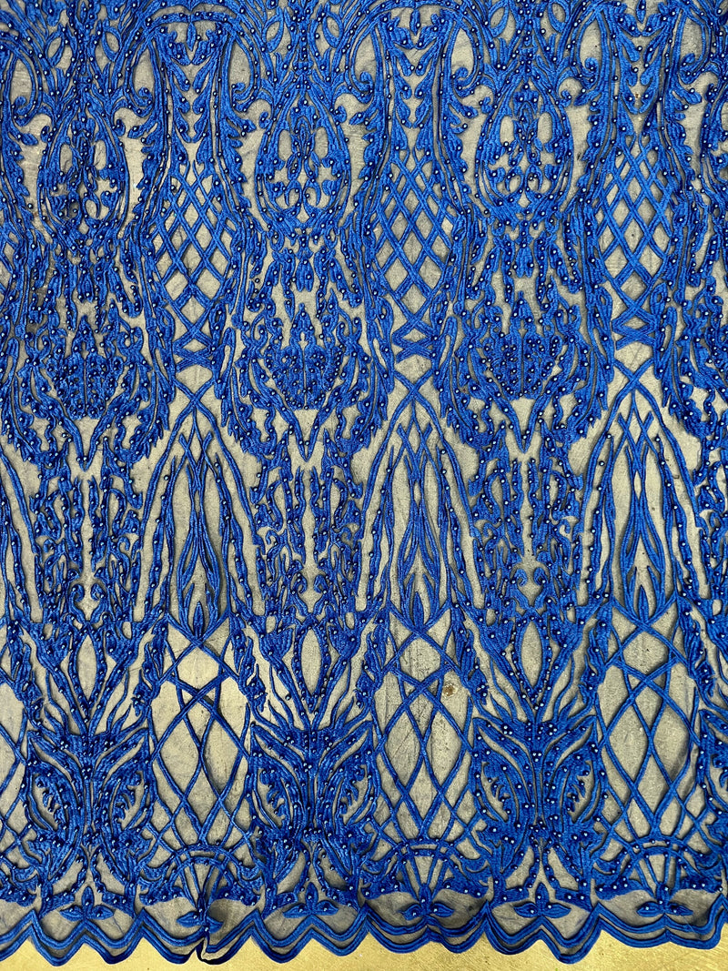 Sabrina ROYAL BLUE Faux Pearls Beaded Lace Embroidery on Mesh Fabric by the Yard - 10098
