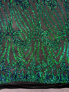 Miranda Iridescent GREEN BLUE Mermaid Vines and Leaves Sequins on BLACK Mesh Lace Fabric by the Yard - 10061