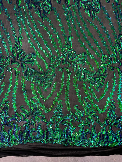 Miranda Iridescent GREEN BLUE Mermaid Vines and Leaves Sequins on BLACK Mesh Lace Fabric by the Yard - 10061