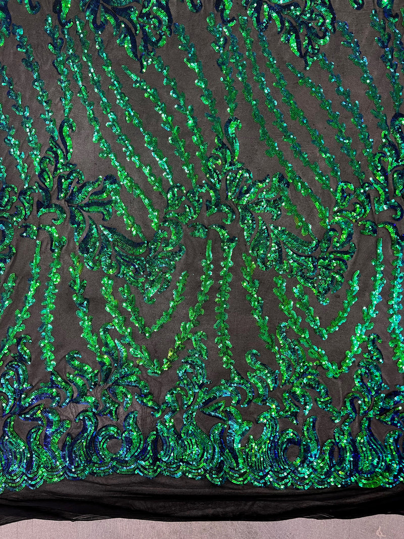 Miranda Iridescent GREEN BLUE Mermaid Vines and Leaves Sequins on BLACK Mesh Lace Fabric by the Yard - 10061
