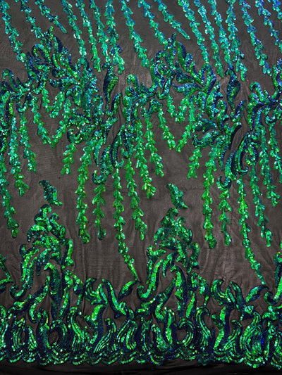 Miranda Iridescent GREEN BLUE Mermaid Vines and Leaves Sequins on BLACK Mesh Lace Fabric by the Yard - 10061